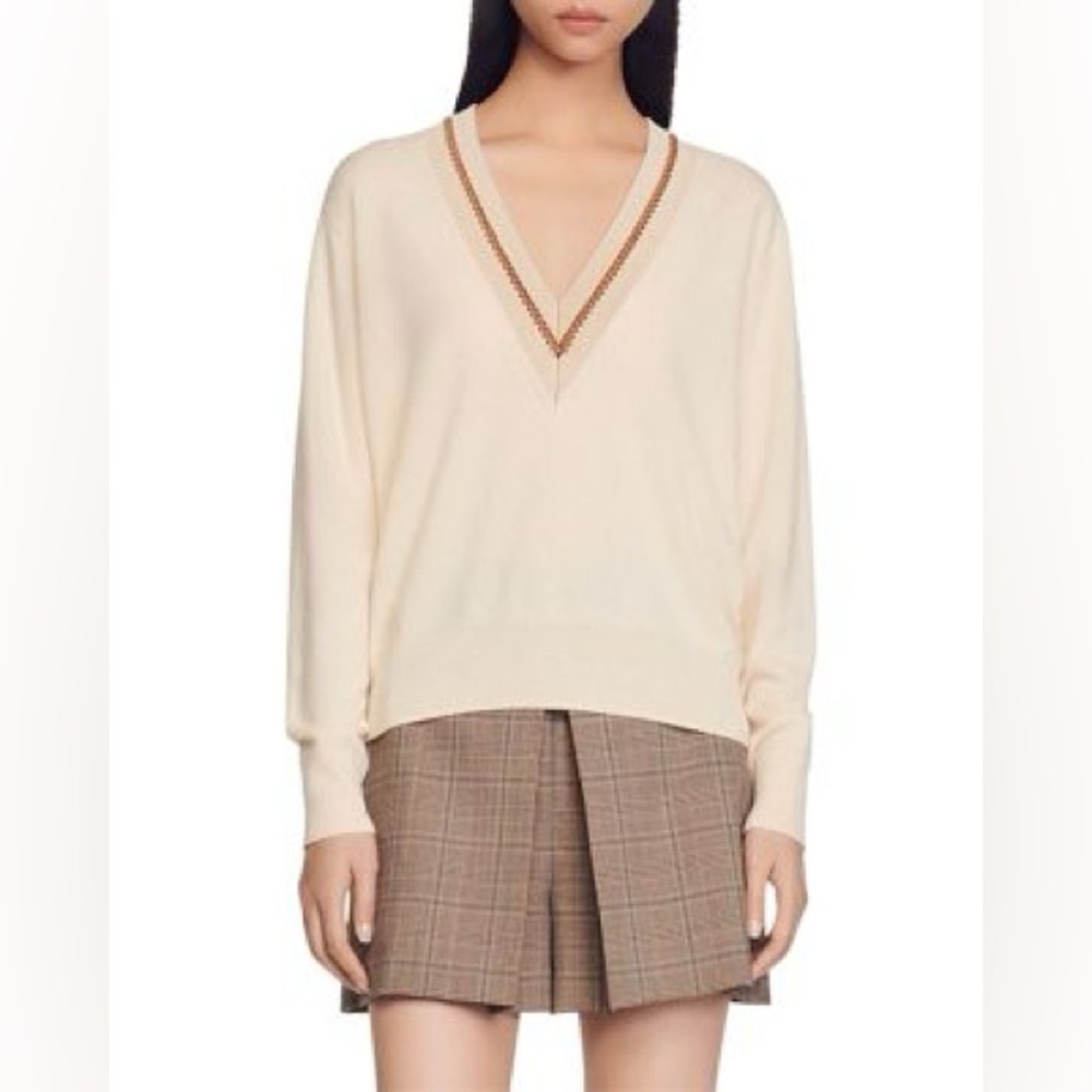 Sandro Bridget V Neck Sweater 3/L Ecru NWT